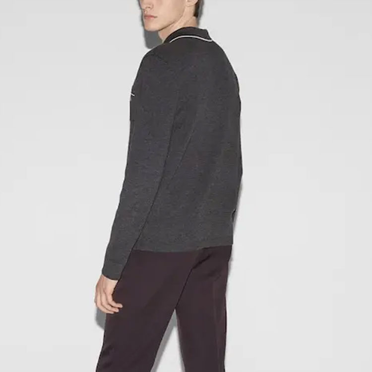 Shop GUCCI FW24  Gray Knit Sweater with Contrast Trim and Logo Design. 802173-XKEBR-1087