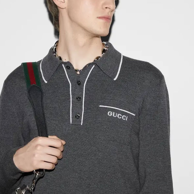 Details for GUCCI FW24  Gray Knit Sweater with Contrast Trim and Logo Design. 802173-XKEBR-1087