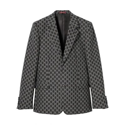 GUCCI FW24 Grey Blazer with All-Over Logo Print and Single-Breasted Design. 804201-ZARGO-1136