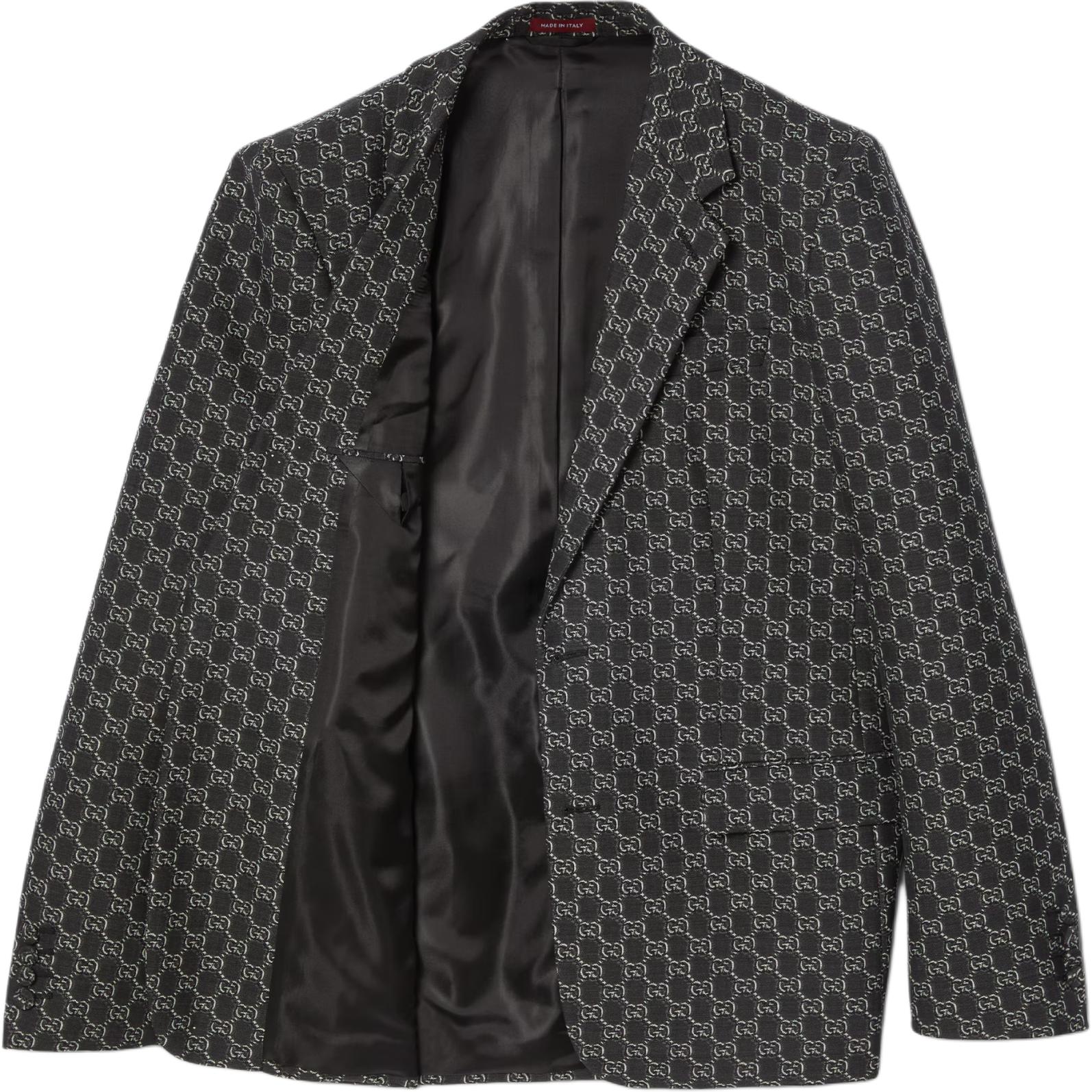 Lookbook GUCCI FW24 Blazer Kelabu Cetakan Logo Penuh Reka Bentuk Single-Breasted. 804201-ZARGO-1136