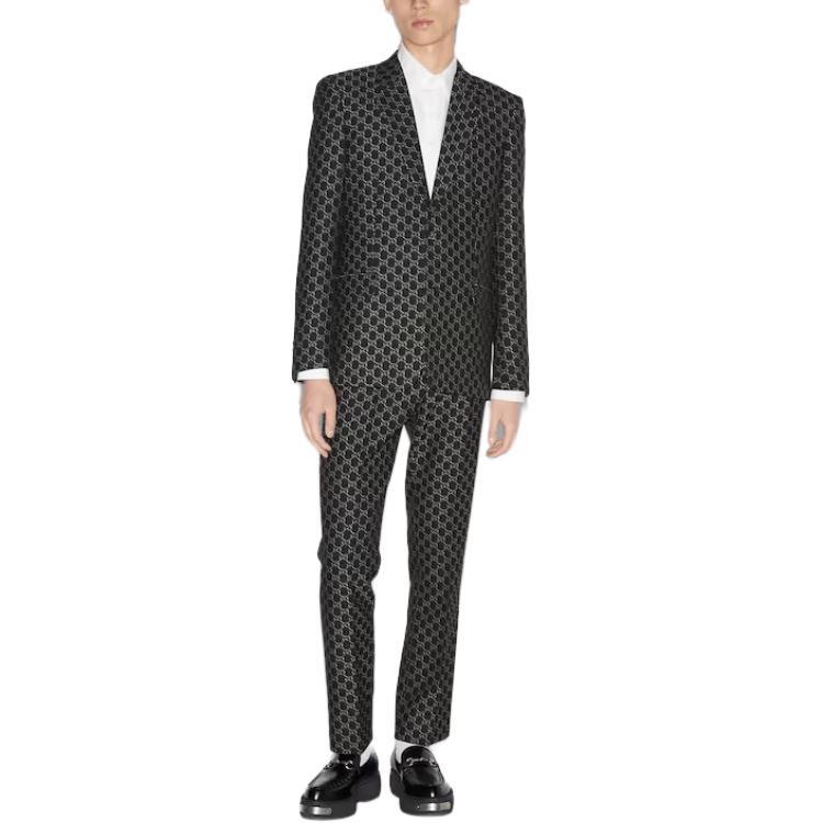 Shop GUCCI FW24 Blazer Kelabu Cetakan Logo Penuh Reka Bentuk Single-Breasted. 804201-ZARGO-1136