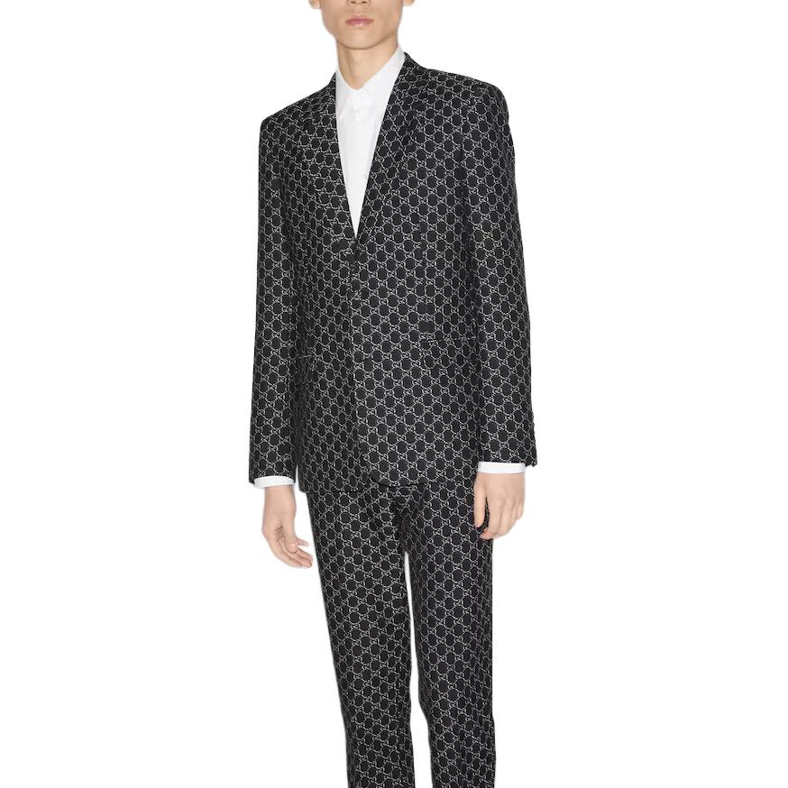 Sizing GUCCI FW24 Blazer Kelabu Cetakan Logo Penuh Reka Bentuk Single-Breasted. 804201-ZARGO-1136