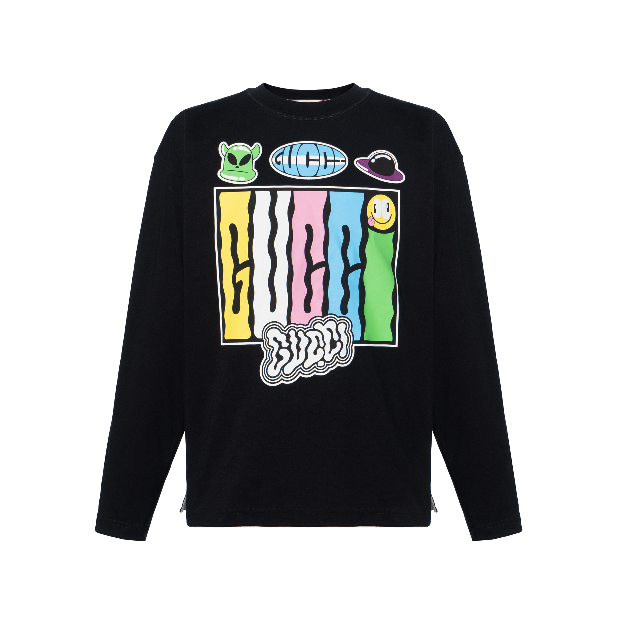 Gucci FW24 Black Letter-Print Crewneck Long Sleeve T-Shirt 785221-XJGII-1038
