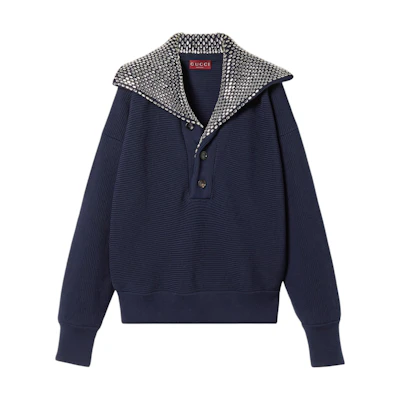 Gucci FW24 Navy Crystal Embroidered Pullover Sweatshirt 794473-XKDZ6-4215