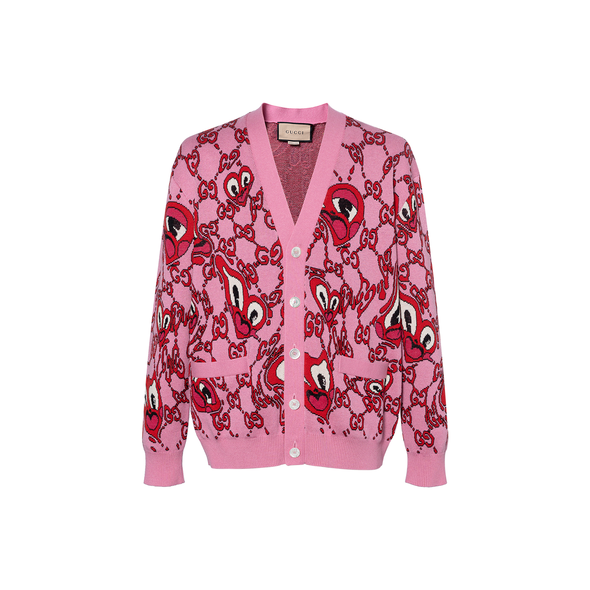 Gucci FW24 Pink Heart Jacquard V-Neck Cardigan 781242-XKDZO-5152