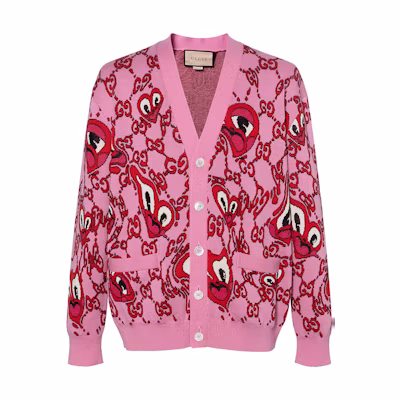 Gucci FW24 Pink Heart Jacquard V-Neck Cardigan 781242-XKDZO-5152