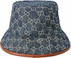 GUCCI GG Classic Logo Brown-Trim Canvas Blue Bucket Hat for Men 576371-4HAC3-4264 GUCCI GG Classic Logo Brown-Trim Canvas Blue Bucket Hat for Men 576371-4HAC3-4264