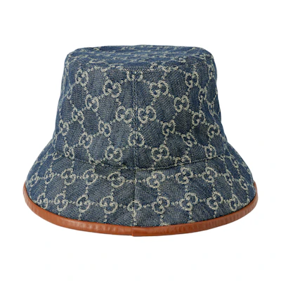 GUCCI GG Classic Logo Brown-Trim Canvas Blue Bucket Hat for Men 576371-4HAC3-4264