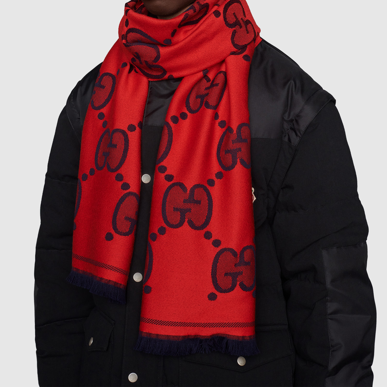 GUCCI GG Double-Sided Jacquard Short Fringe Wool Scarf Unisex 581537-3G200-6468 圖 4