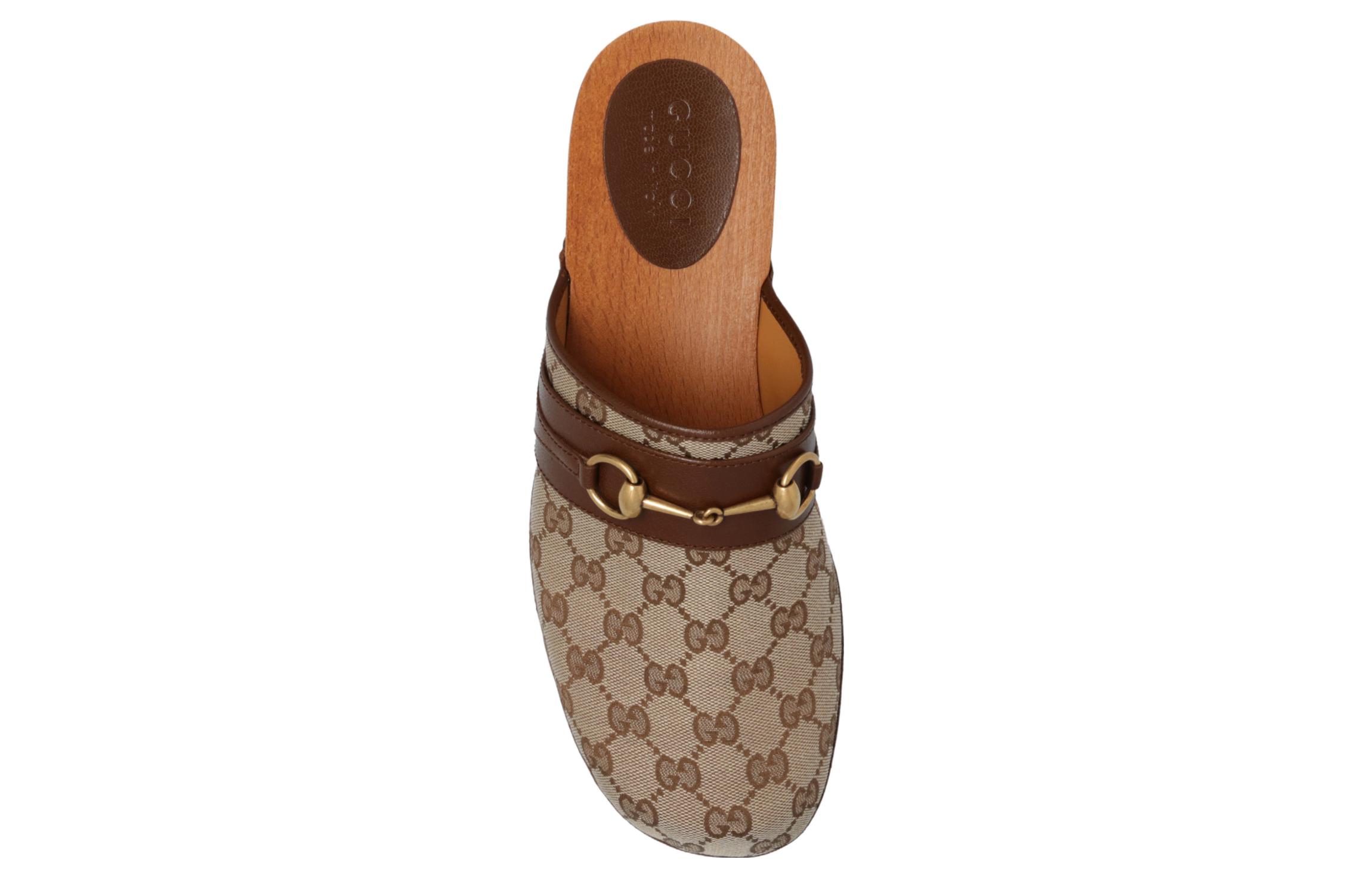 Shop 古驰马衔扣拖鞋‘棕色皮革帆布’ 699187-KY950-9765