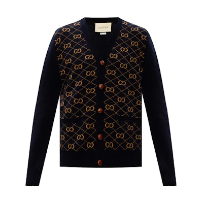 Gucci GG Jacquard V-Neck Wool Sweater Deep Blue 630396-XKBFB-4795