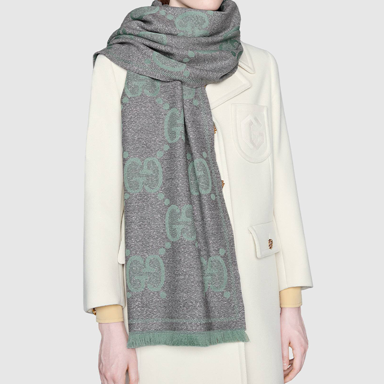 GUCCI GG Jacquard Wool Scarf Unisex Couple Style Grey Green 598993-3GC15-3962 圖 4