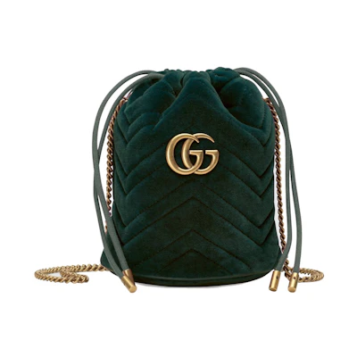 Gucci GG Marmont Bucket Bag Velvet Mini Dark Green