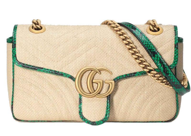 Gucci GG Marmont Shoulder Bag Raffia Small Beige/Green