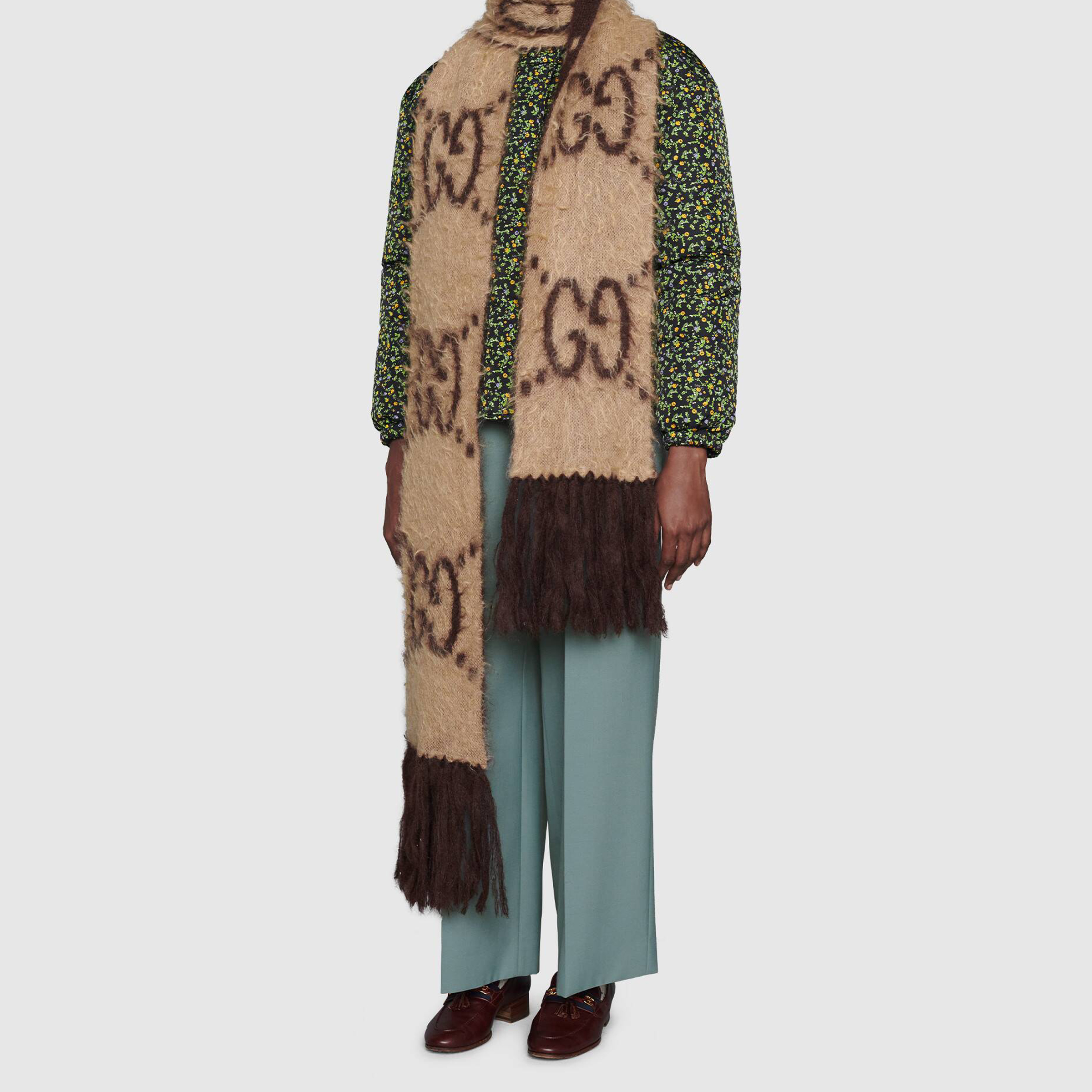 GUCCI GG Mohair-Wool Blend Fringe Scarf Unisex Beige/Brown 638680-3GF96-9764 圖 4