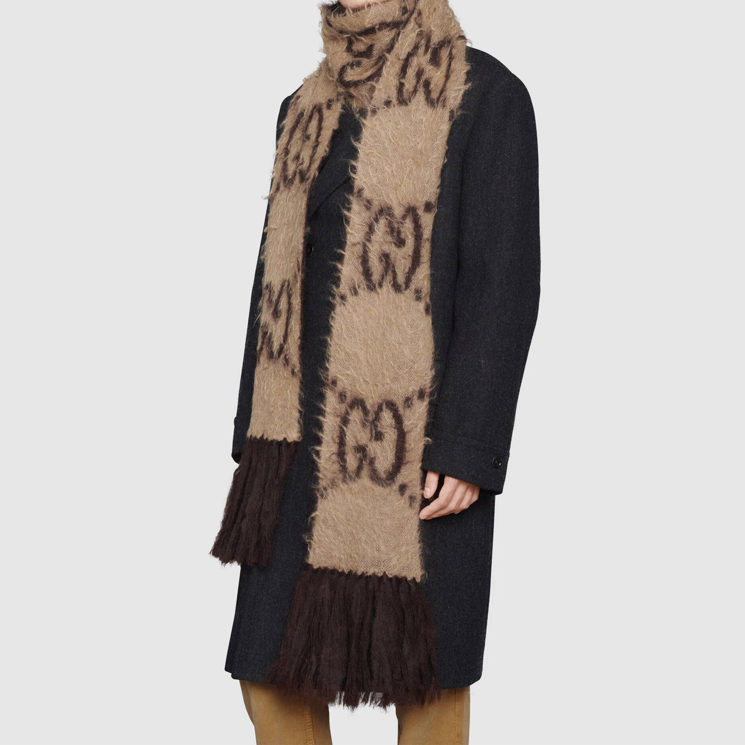 GUCCI GG Mohair-Wool Blend Fringe Scarf Unisex Beige/Brown 638680-3GF96-9764 圖 5