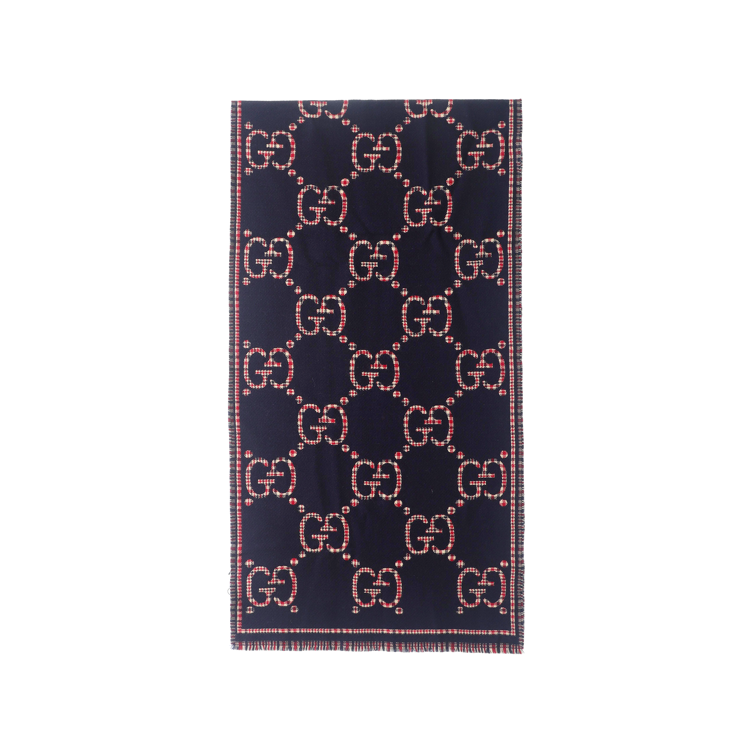 GUCCI GG Monogram Classic Wool Knit Scarf Unisex Couples Blue/Red. 660025-4G386-4174