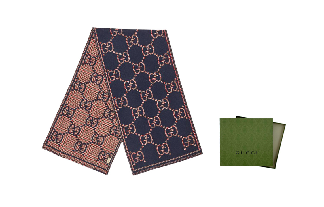 GUCCI GG Monogram Classic Wool Knit Scarf Unisex Couples Blue/Red. 660025-4G386-4174 圖 5
