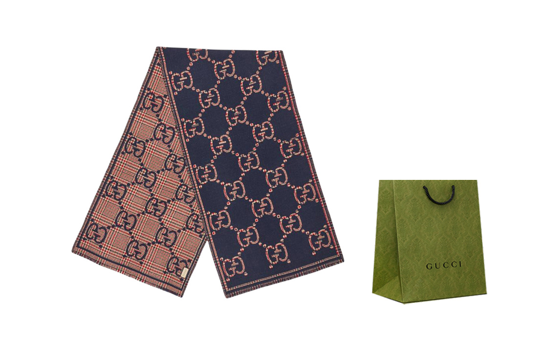 GUCCI GG Monogram Classic Wool Knit Scarf Unisex Couples Blue/Red. 660025-4G386-4174 圖 6