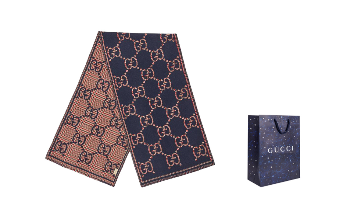 GUCCI GG Monogram Classic Wool Knit Scarf Unisex Couples Blue/Red. 660025-4G386-4174 圖 7