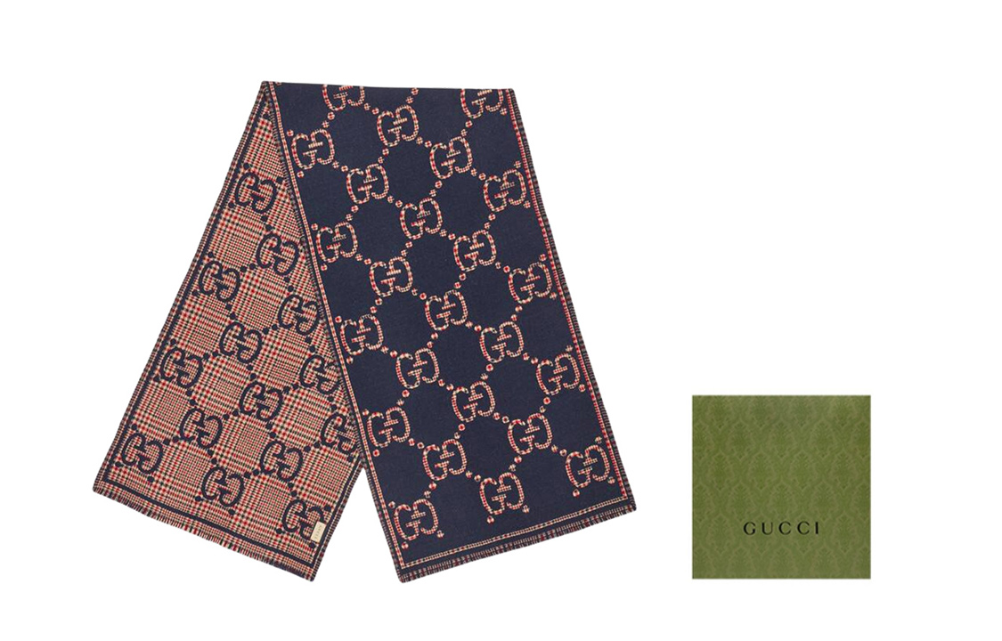 GUCCI GG Monogram Classic Wool Knit Scarf Unisex Couples Blue/Red. 660025-4G386-4174 圖 8