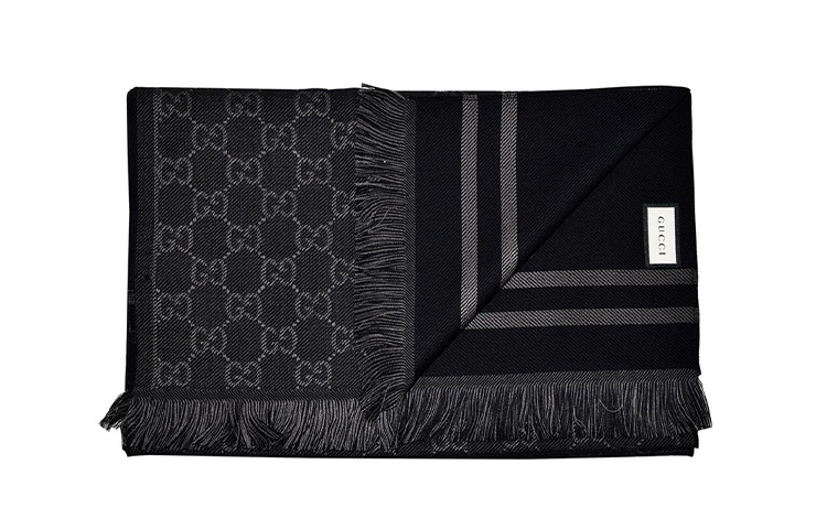 GUCCI GG Monogram Fringe Wool Scarf, Unisex, Black/Grey 544619-4G200-1061 圖 3