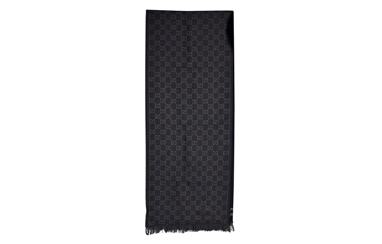 GUCCI GG Monogram Fringe Wool Scarf, Unisex, Black/Grey 544619-4G200-1061 圖 4