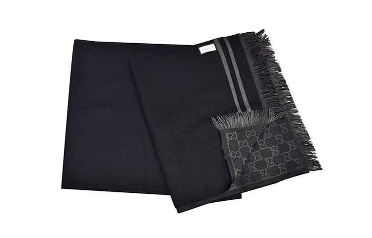 GUCCI GG Monogram Fringe Wool Scarf, Unisex, Black/Grey 544619-4G200-1061 圖 5
