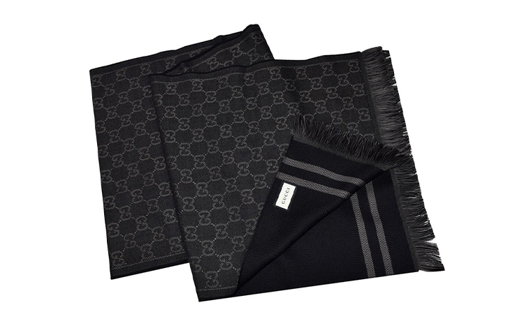 GUCCI GG Monogram Fringe Wool Scarf, Unisex, Black/Grey 544619-4G200-1061 圖 6