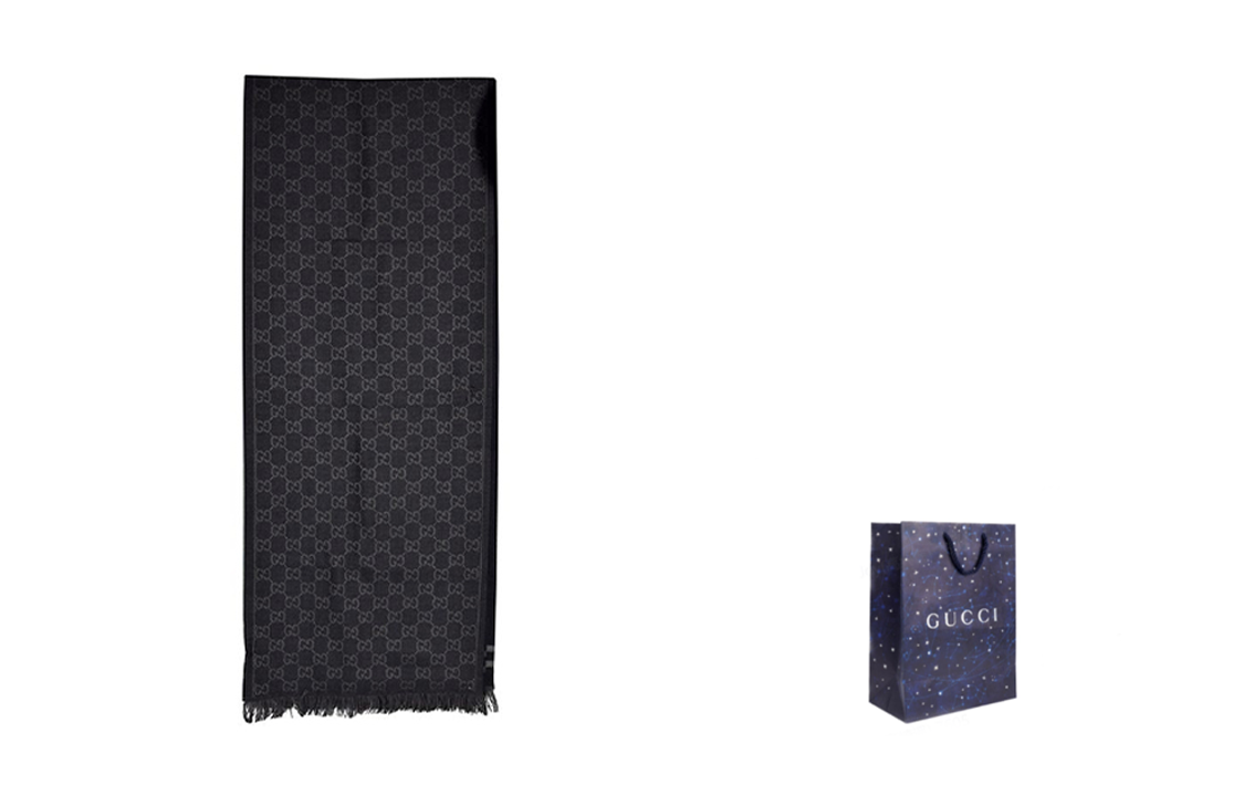 GUCCI GG Monogram Fringe Wool Scarf, Unisex, Black/Grey 544619-4G200-1061 圖 7