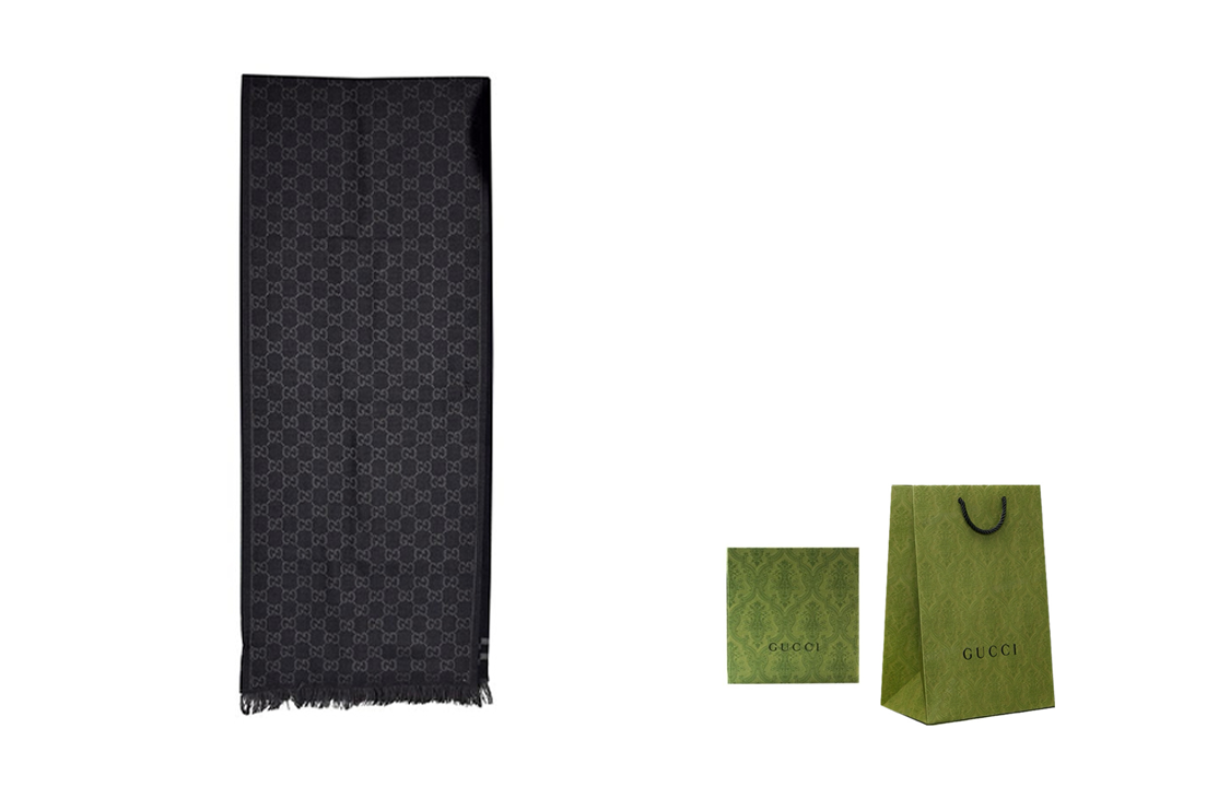 GUCCI GG Monogram Fringe Wool Scarf, Unisex, Black/Grey 544619-4G200-1061 圖 10