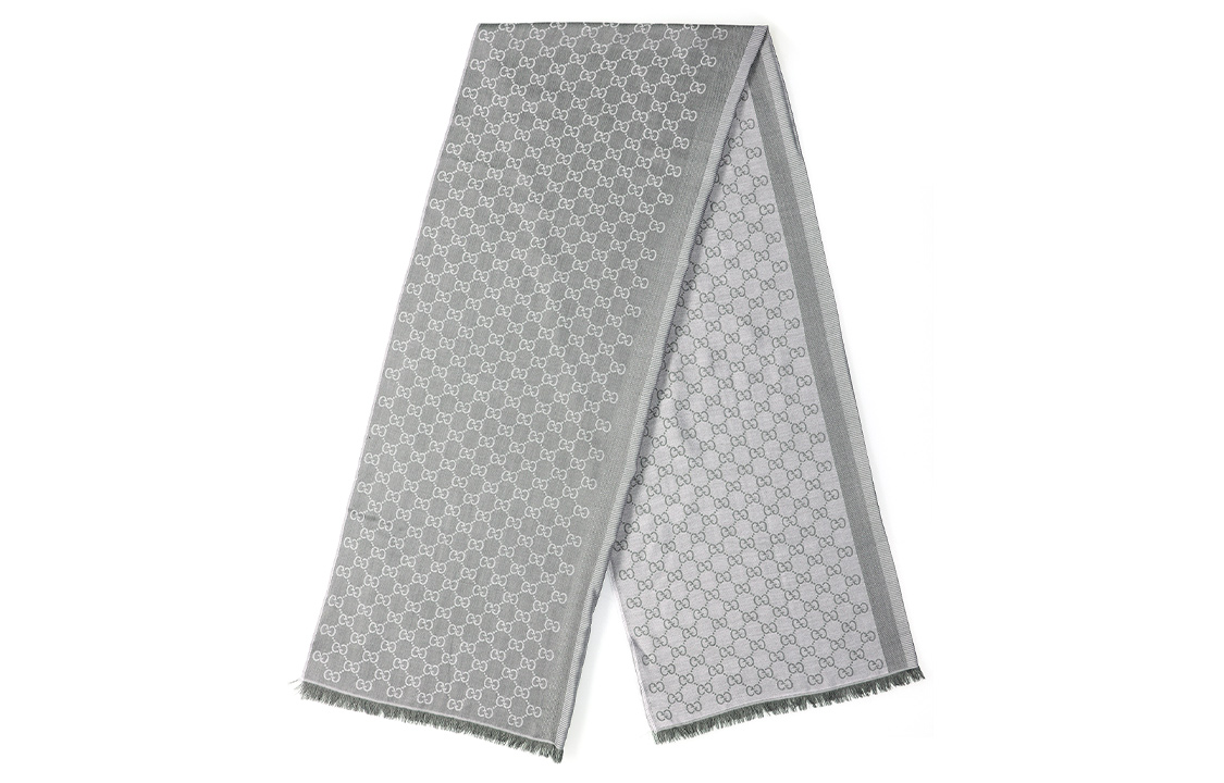 Gucci GG Monogram Wool Fringe Scarf Light Grey Unisex Couple Style 282390-3G704-1578 圖 3