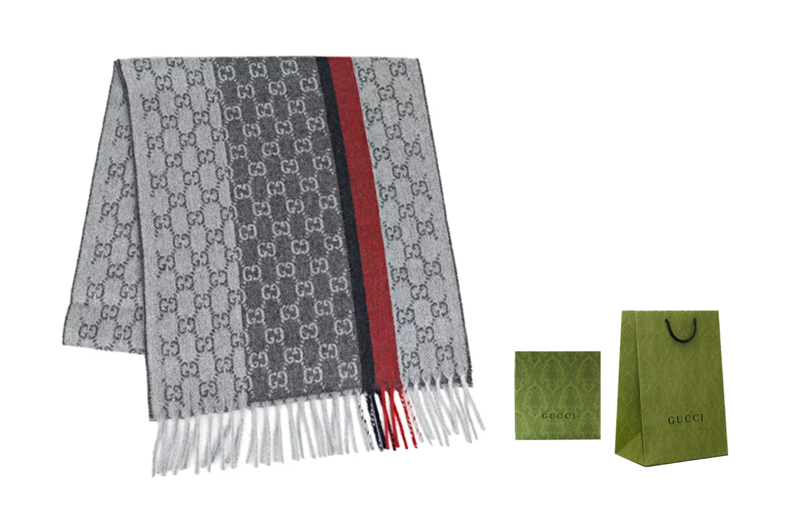 Details for GUCCI GG Pattern Print Grey Knitted Scarf Unisex Couple Style 391530-G944-1274