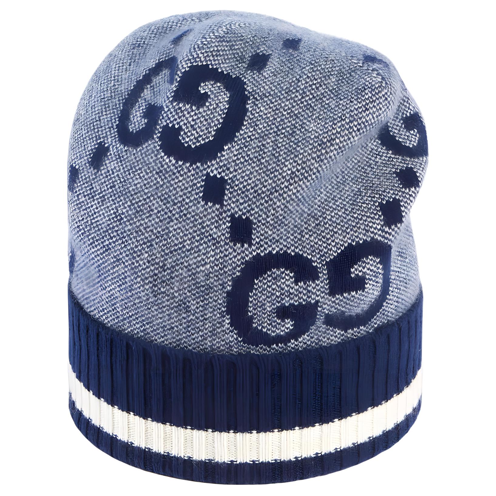 GUCCI GG Pattern Ribbed Trim Striped Cashmere Knit Beanie for Men. 676827-4GABX-4178