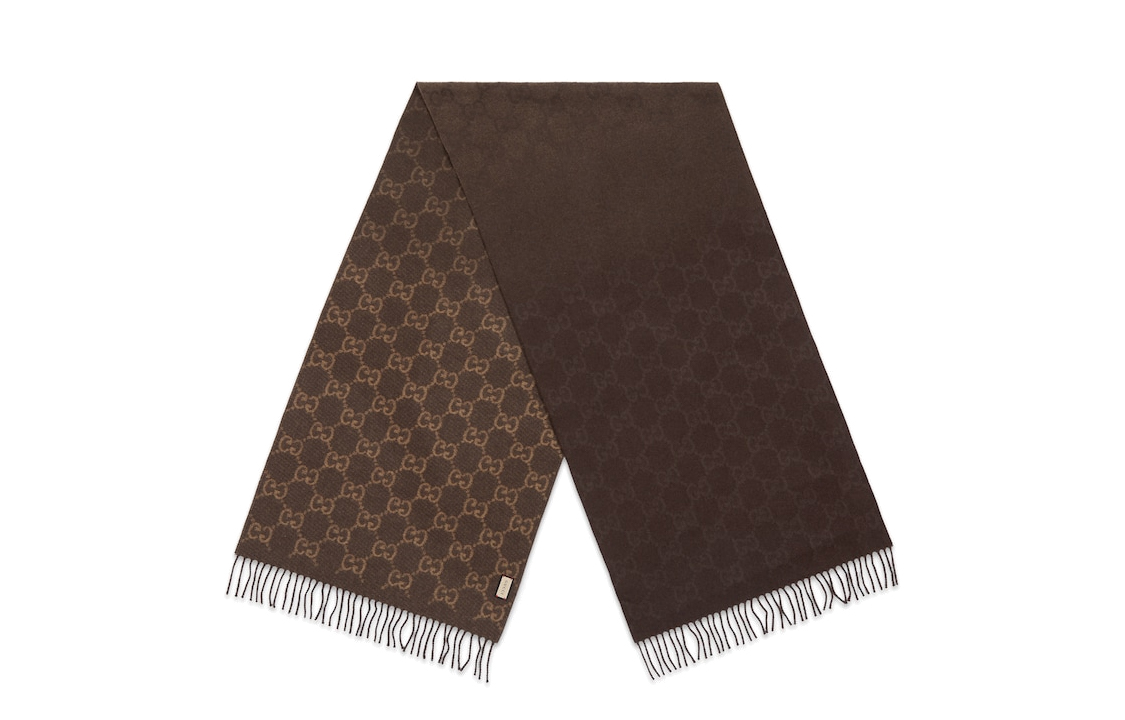 GUCCI GG Pattern Tassel Trim Wool Scarf Brown Unisex Couple Style 7646343G3449764 圖 2