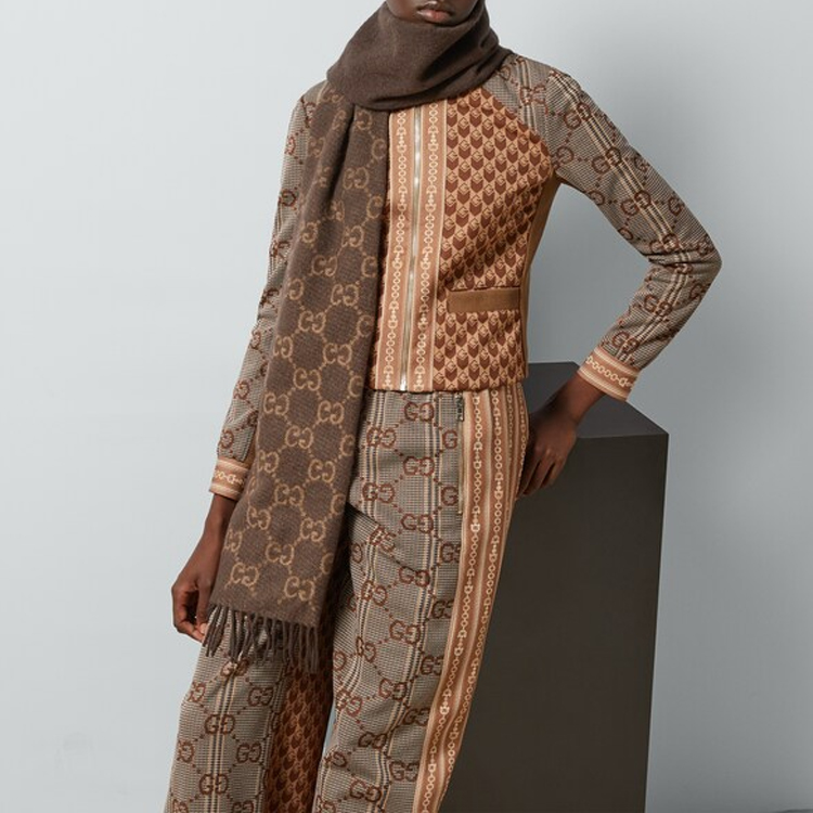 GUCCI GG Pattern Tassel Trim Wool Scarf Brown Unisex Couple Style 7646343G3449764 圖 4