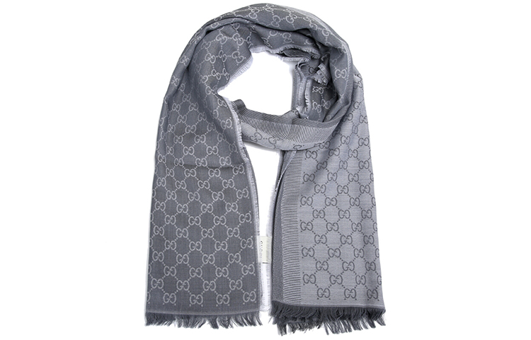 GUCCI GG Pattern Tassel Wool Scarf Unisex Couples Gray 282390-3G704-1962