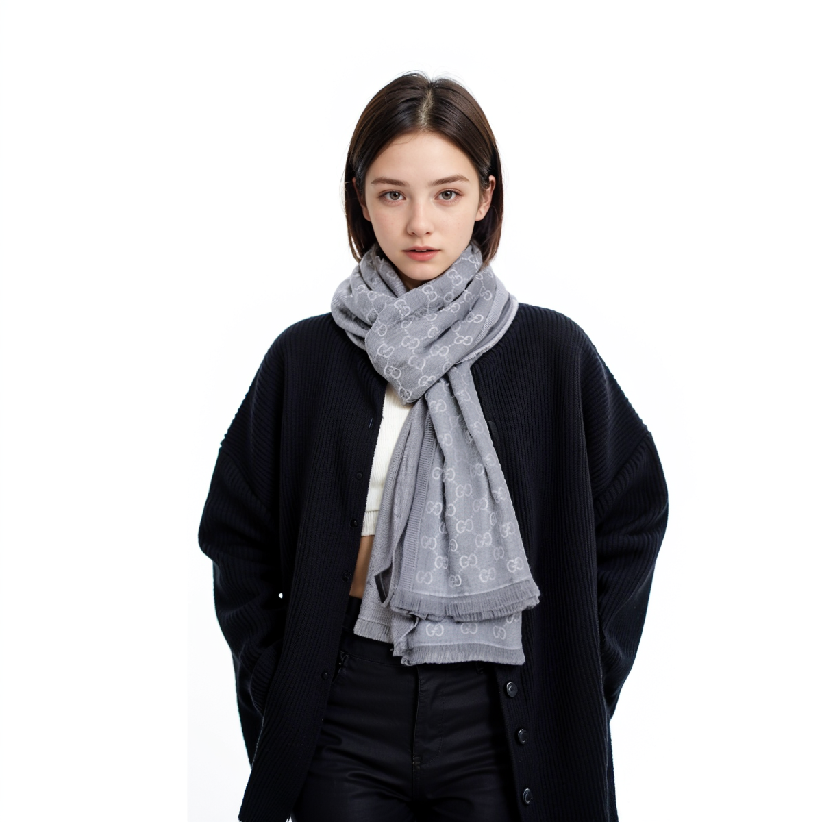 GUCCI GG Pattern Tassel Wool Scarf Unisex Couples Gray 282390-3G704-1962 圖 5