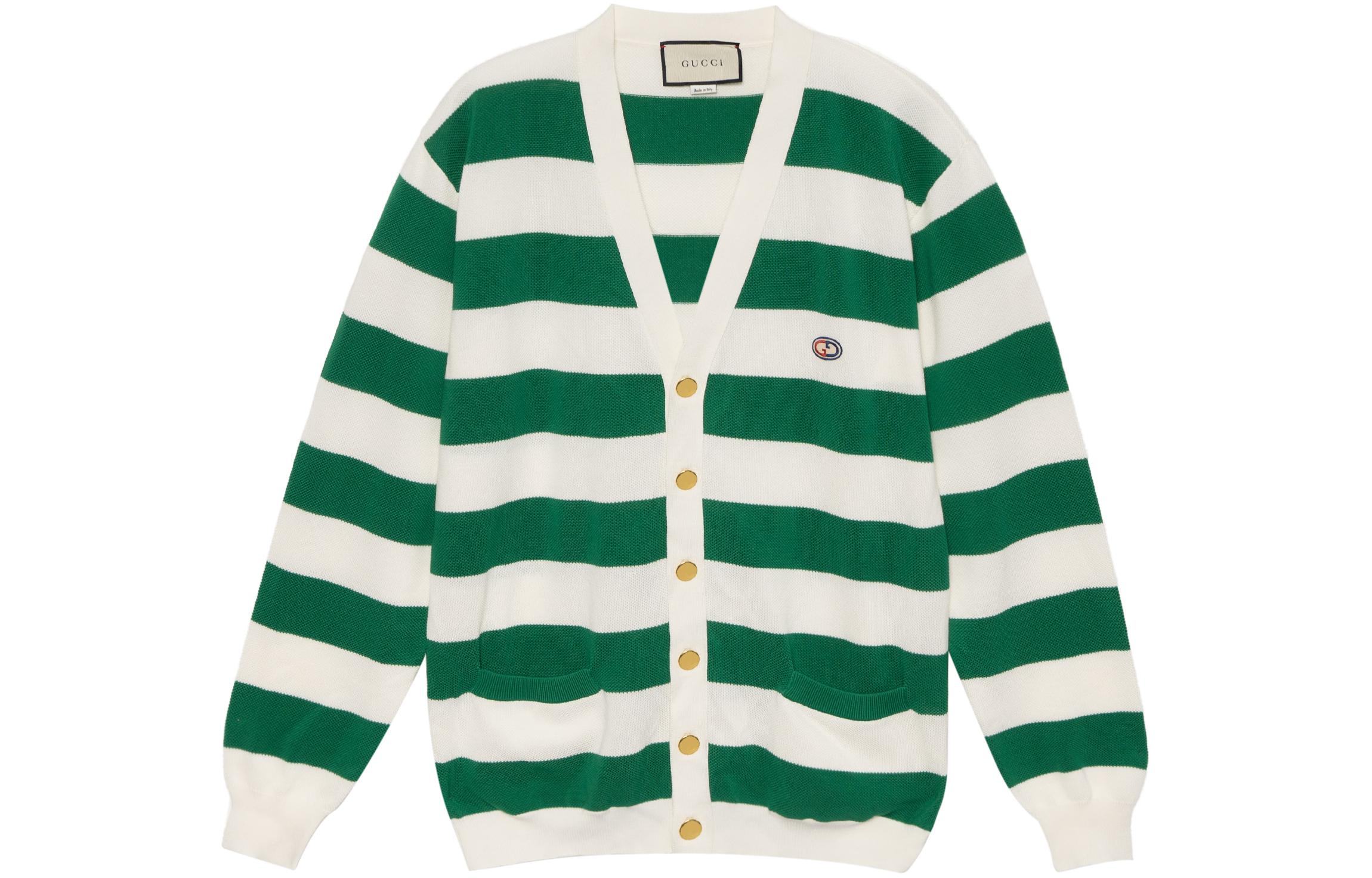 Gucci GG Striped V-Neck Button-Up Knit Sweater Men Green 626051-XKBE5-9068
