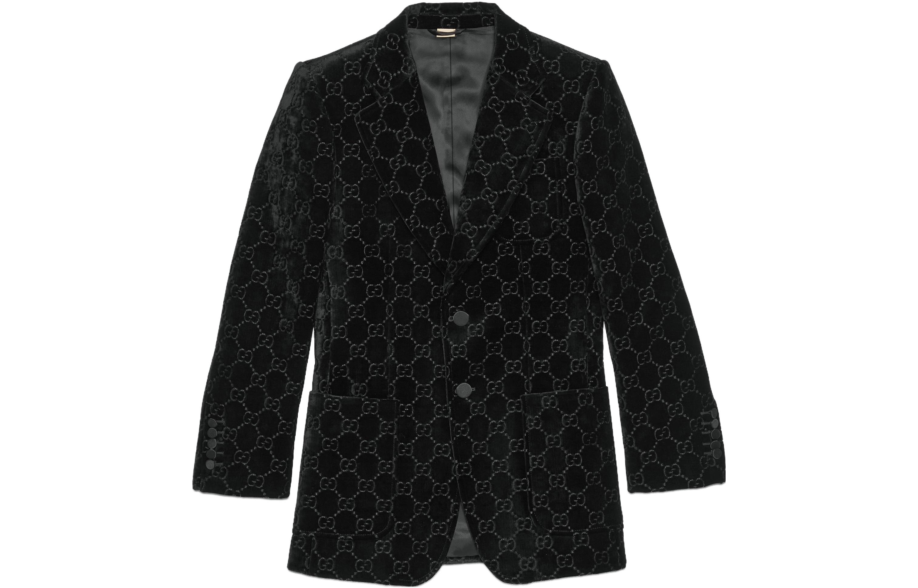 Gucci GG Velvet Jacket Black V-neck Monogram Single-Breasted Blazer 752166-Z402L-1000