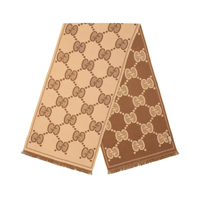 GUCCI GG Wool Jacquard Scarf Unisex Couple's Brown/Beige 581537-3G200-9764