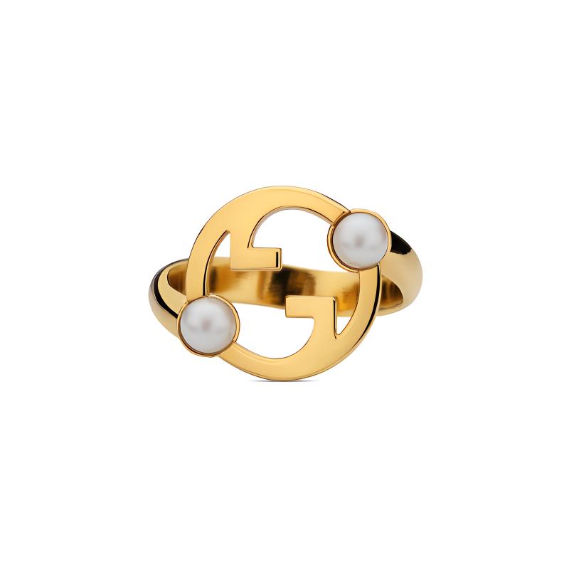 GUCCI Gold Metal Resin Pearl Crystal Ring Unisex Couple Design. 797405JCF27