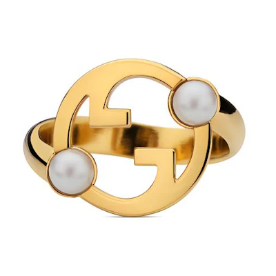 GUCCI Gold Metal Resin Pearl Crystal Ring Unisex Couple Design. 797405JCF27