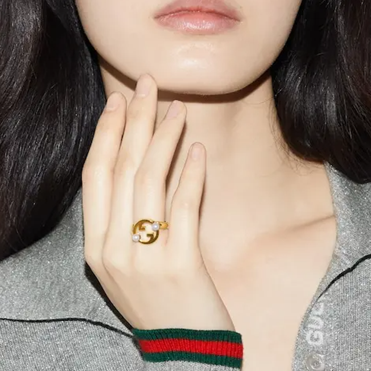 Details for 구찌 골드 메탈 레진 진주 크리스탈 링 유니섹스 커플 디자인. 797405JCF27