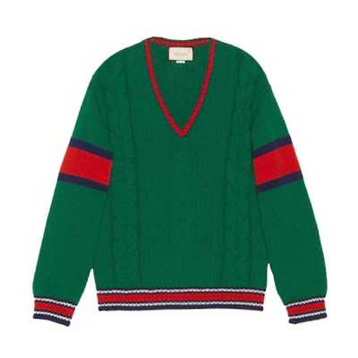 Gucci Green Cable-Knit Striped V-Neck Long Sleeve Sweater 599310-XKA32-3134