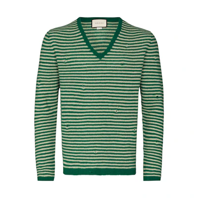 Gucci Green Distressed Stripe V-Neck Pullover Sweater 635757-XKBIW-9762