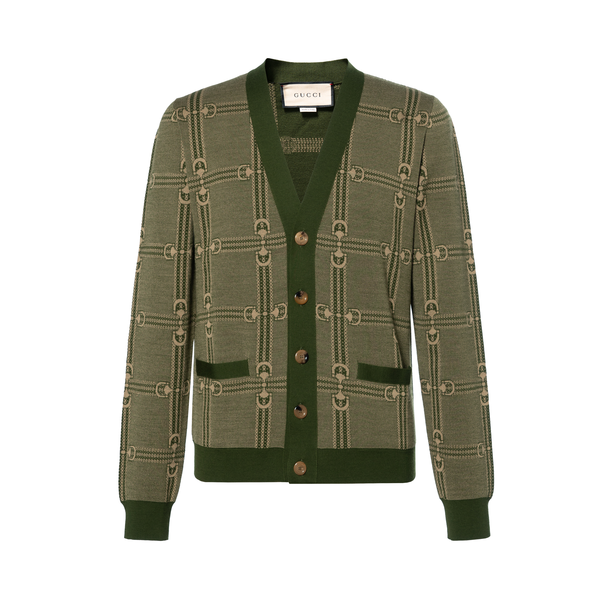 Gucci Green Horsebit Jacquard Wool V-Neck Sweater FW22 716359-XKCO0-3235