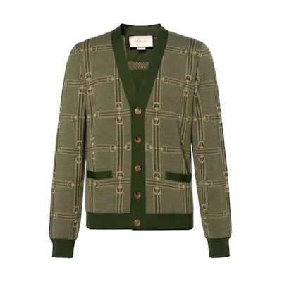 Gucci Green Horsebit Jacquard Wool V-Neck Sweater FW22 716359-XKCO0-3235