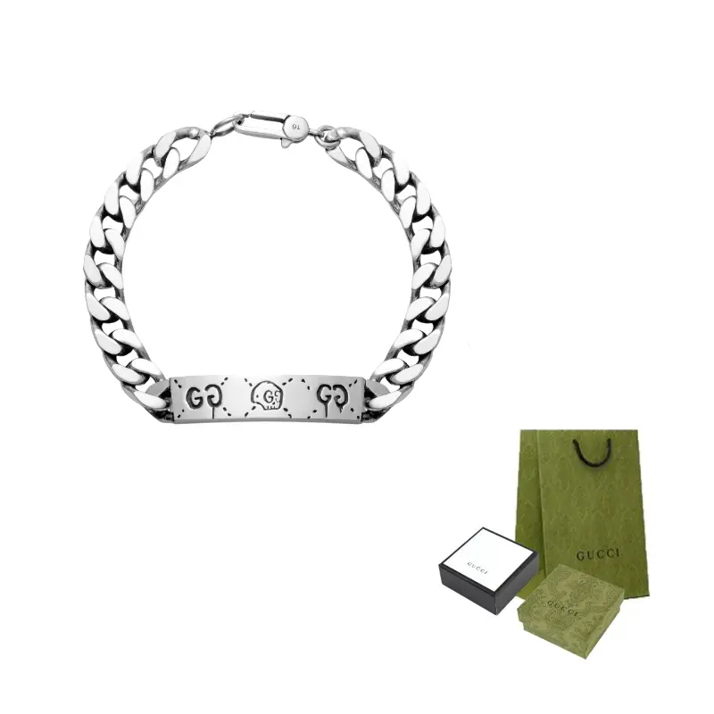 Sizing 구찌 그렘린스 스컬 실버 커플 쿠반 체인 팔찌 유니섹스 455321-J8400-0701