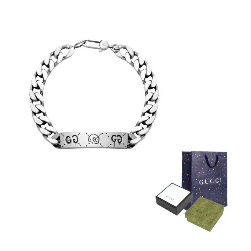 Cheap 구찌 그렘린스 스컬 실버 커플 쿠반 체인 팔찌 유니섹스 455321-J8400-0701